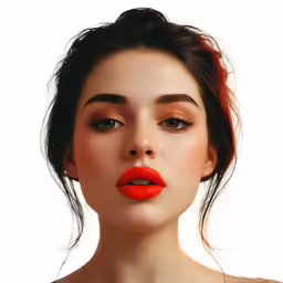 a woman with red lipstick and a ponytail is looking straight ahead