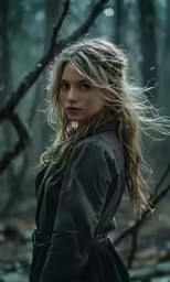 a beautiful blond girl standing in a forest