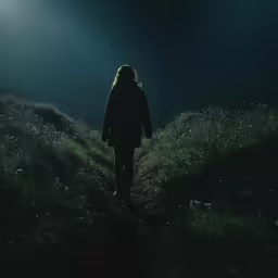 a person walking on a path in the grass under lights