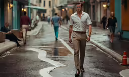 man walking on the street with an umbrella while wearing pants and shoes