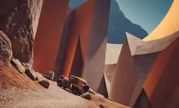 a yellow van sits in between the desert landscape