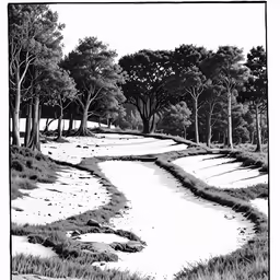 the landscape has black and white drawing of water