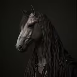 black horse with long hair wearing a leather jacket