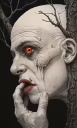a weird looking man with a creepy face is holding his chin up