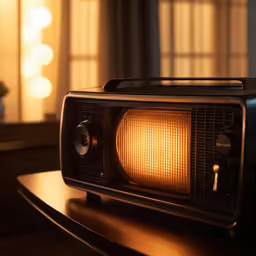 a brown old - fashion tv sitting on a wooden table