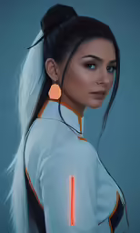 a woman with bright orange glowing earrings and hair