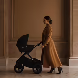 the woman is standing next to her baby carriage