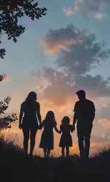 a family of four walking in the woods at sunset