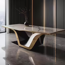 a sleek and luxurious marble table in the middle of a room