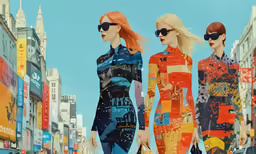 three woman walking down the street in sunglasses