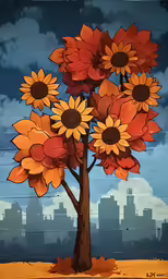 a painting of sunflowers standing out against a city skyline