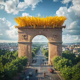 the sun is rising on this large arch with lots of bananas