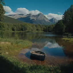 small canoe resting on the shore near the mountains