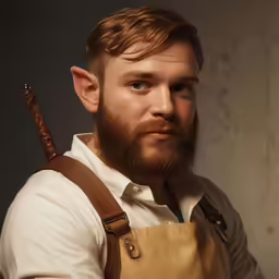 the man is wearing an apron and holding a cigar