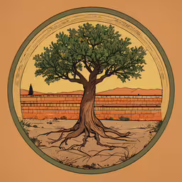 a painting of a tree is shown in a circle,the tree is growing inside of the round picture