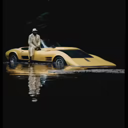 a man in a hat and tan shirt sitting on the hood of a yellow sports car