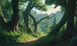 a forest with trees growing next to a dirt trail