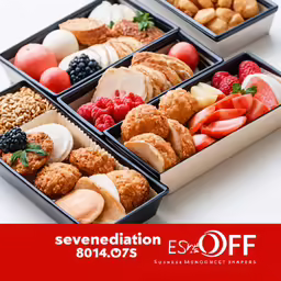 four containers filled with different foods on a table