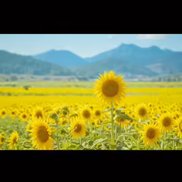 a sunflower field is shown with the mountains in the background