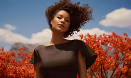 a beautiful woman posing by some orange trees