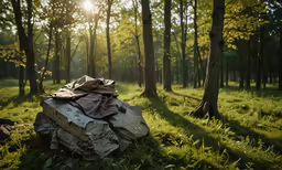 a pile of clothing on the ground in a forest