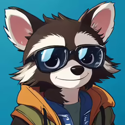 a raccoon wearing glasses and jacket is looking into the camera