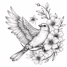 a bird perched on flowers with one wing spread