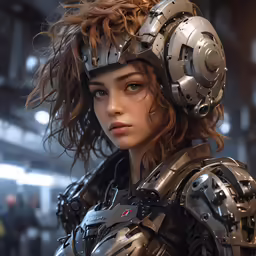 a woman with an arm armor in a futuristic setting