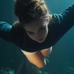 woman looking upwards in the water underwater with fish