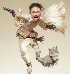 a woman with two birds as she leaps