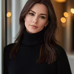 a woman with long hair and black sweater standing near a window