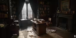 a room with a desk and lots of books
