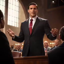 a man stands behind a microphone in a courtroom as people look on