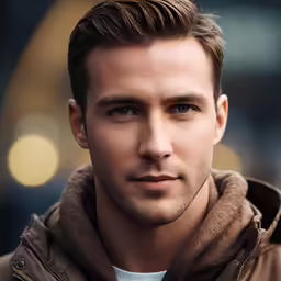 a man with a white shirt and brown jacket looking at the camera