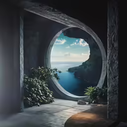 a room with a round window overlooking the sea