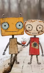 two wooden sculptures, one with a face and the other with a body holding a glass