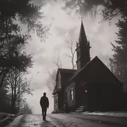 man walking down a snow covered street in front of an old church