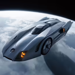 a futuristic looking white car in a sky