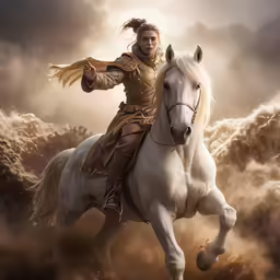a woman riding on the back of a white horse