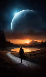 a man walking down a road towards the moonlight with a moon rising in the background