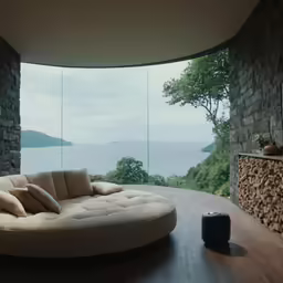 a round bed in a living room next to a tv