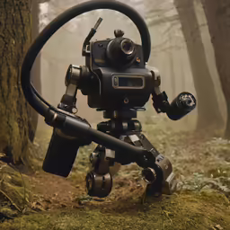 a movie camera filming a scene in a misty forest