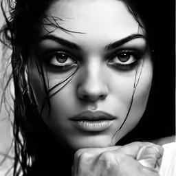 the model is wearing black makeup and posing for the photographer
