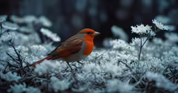 a small bird standing on top of snow covered plants