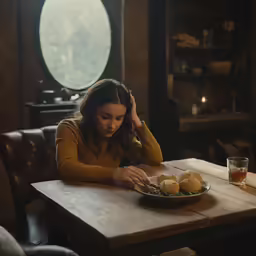 a woman sitting at a table with her plate of food and glass of alcohol in front of her