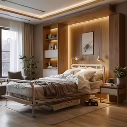 the room has a bed, desk, and chair in it