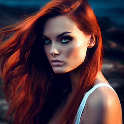 a woman with long red hair with water in the background,an artistic painting of a woman with long hair
