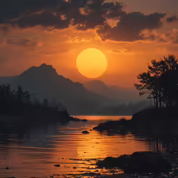 a large setting sun on a mountain overlooking water