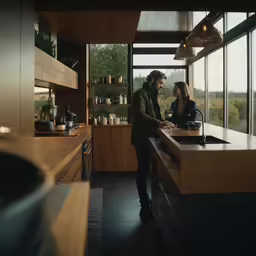 two people that are talking in a kitchen