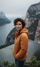 a woman in a yellow jacket standing on top of a cliff